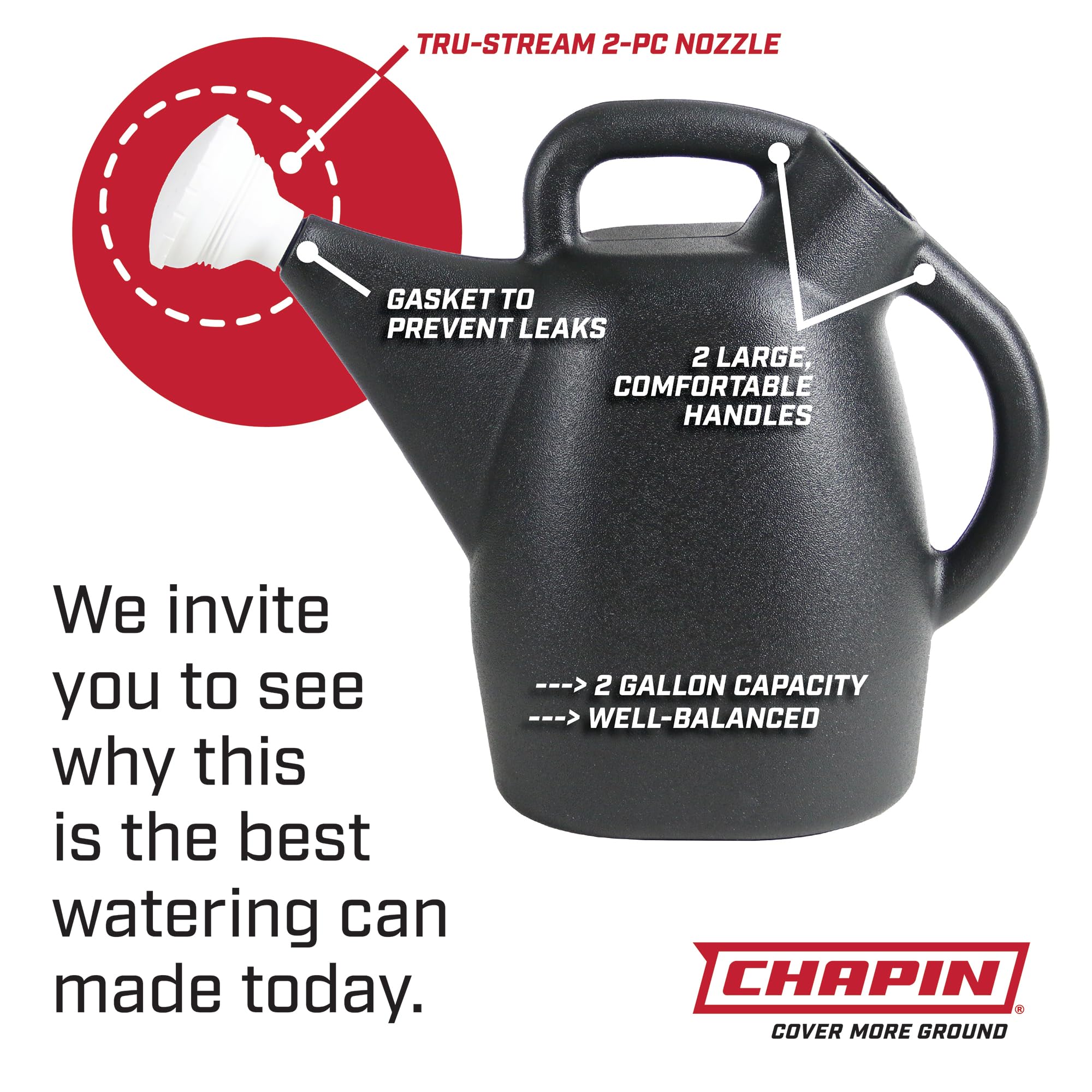 Chapin 47998 Tru-Stream 2-Gallon Watering Can – Recycled Plastic, Removable Nozzle, Black